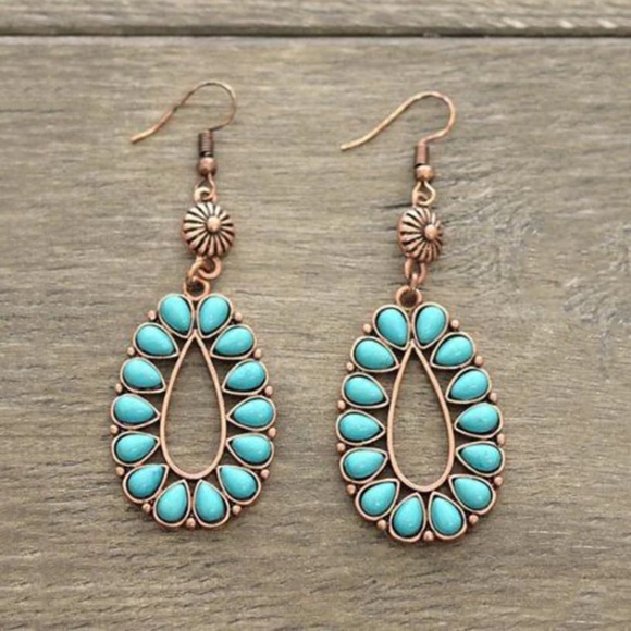 Jewelry - Squash blossom turquoise bronze dangly earrings